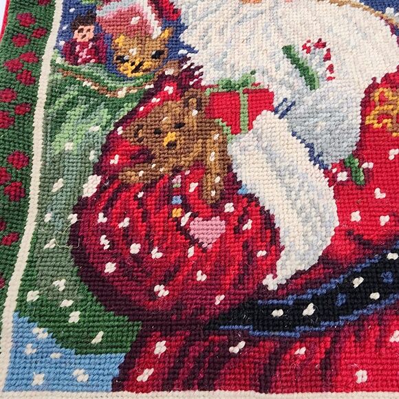 Vintage Needlepoint Christmas Pillow Cover Santa Holding Puppy Velvet Back 15x12 - Picture 4 of 10